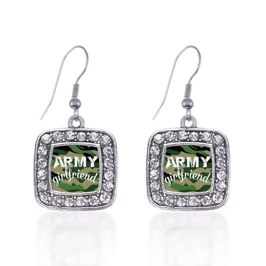Silver Army Girlfriend Square Charm Dangle Earrings