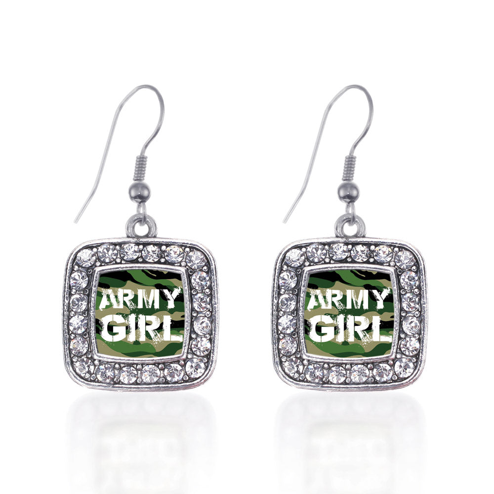 Silver Army Girl Square Charm Dangle Earrings