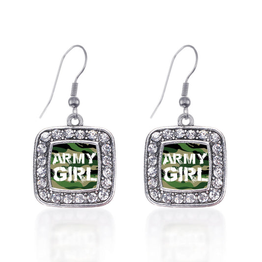 Silver Army Girl Square Charm Dangle Earrings