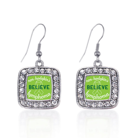 Silver Non Hodgkins Believe Square Charm Dangle Earrings