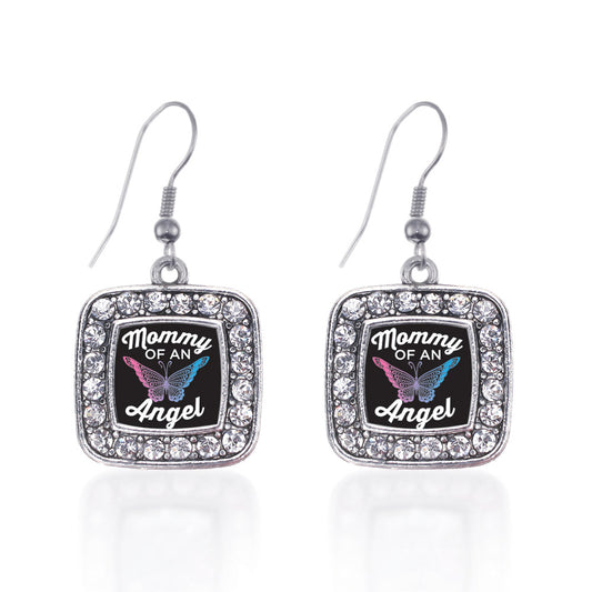 Silver Mommy Of An Angel Square Charm Dangle Earrings