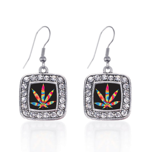Silver Tie Dye Marijuana Leaf Square Charm Dangle Earrings