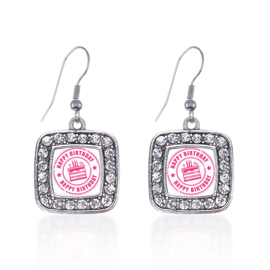 Silver Happy Birthday Square Charm Dangle Earrings