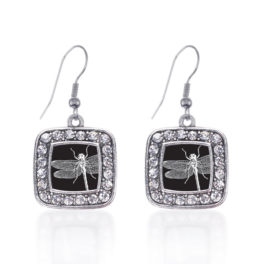 Silver Dragon Fly Square Charm Dangle Earrings
