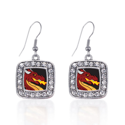 Silver Fire Breathing Dragon Square Charm Dangle Earrings