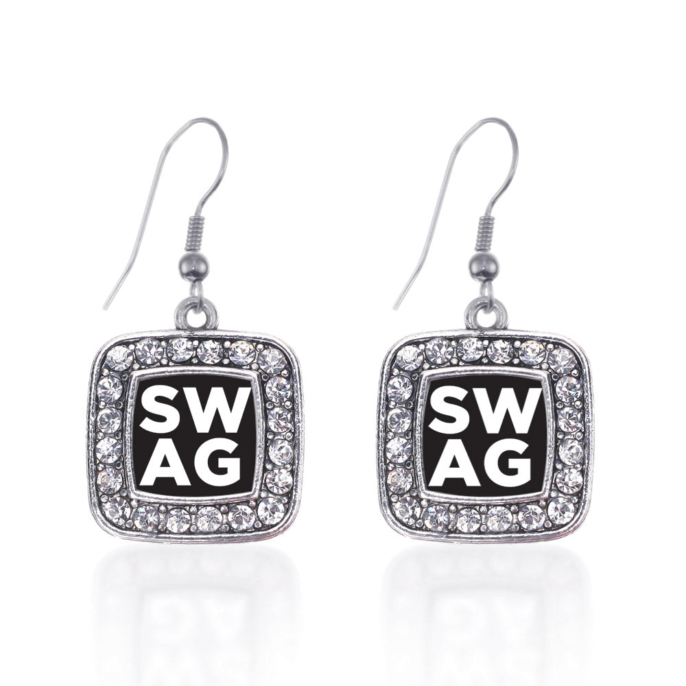 Silver Swag Square Charm Dangle Earrings