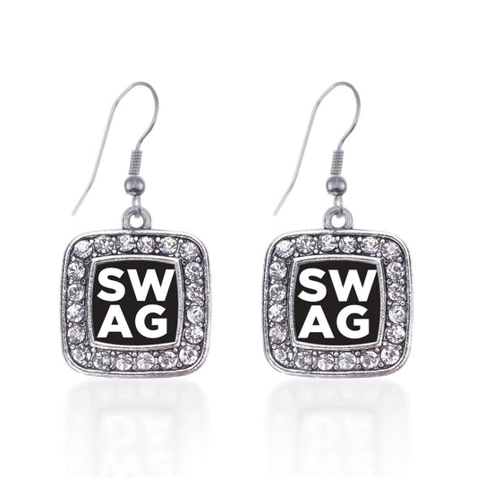 Silver Swag Square Charm Dangle Earrings