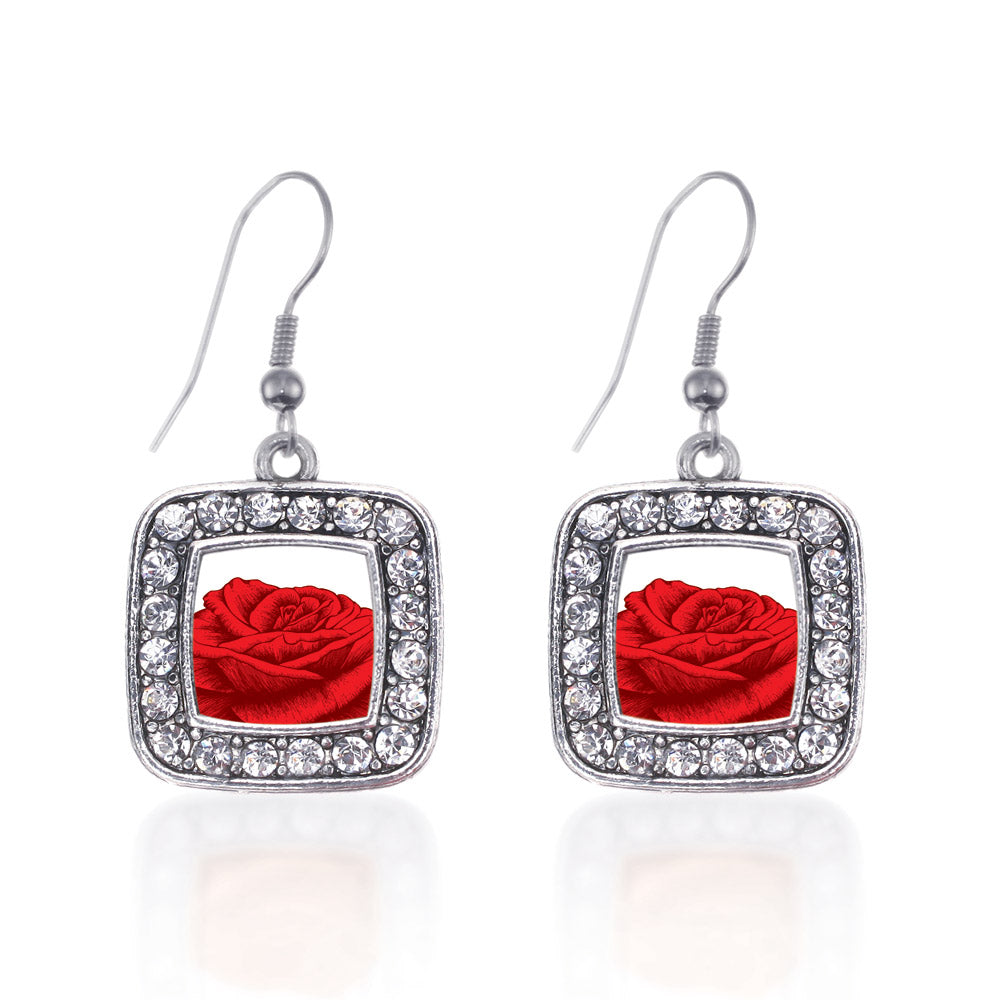 Silver Red Rose Square Charm Dangle Earrings