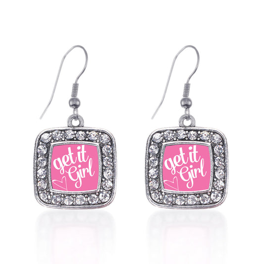 Silver Get It Girl Square Charm Dangle Earrings
