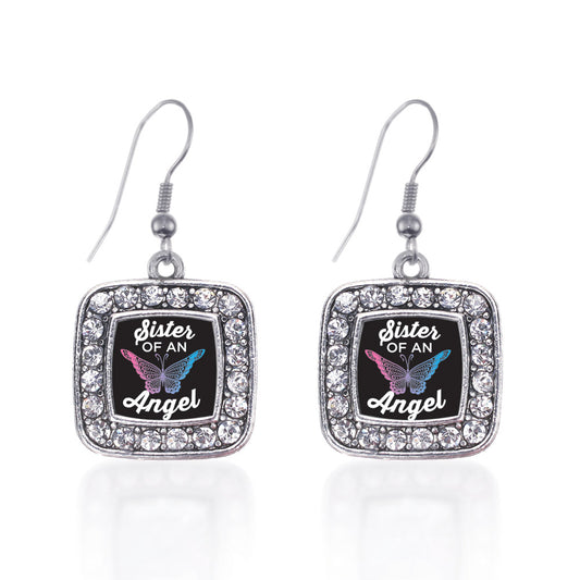 Silver Sister Of An Angel Square Charm Dangle Earrings