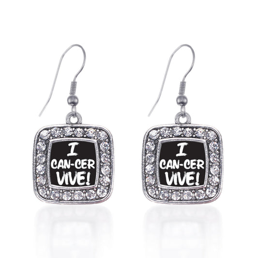 Silver I Can-Cer-Vive Square Charm Dangle Earrings