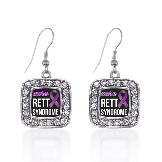 Silver Rett Syndrome Square Charm Dangle Earrings