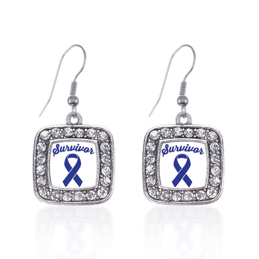 Silver Blue Ribbon Survivor Square Charm Dangle Earrings