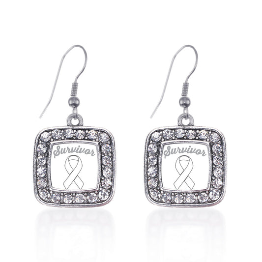 Silver White Ribbon Survivor Square Charm Dangle Earrings
