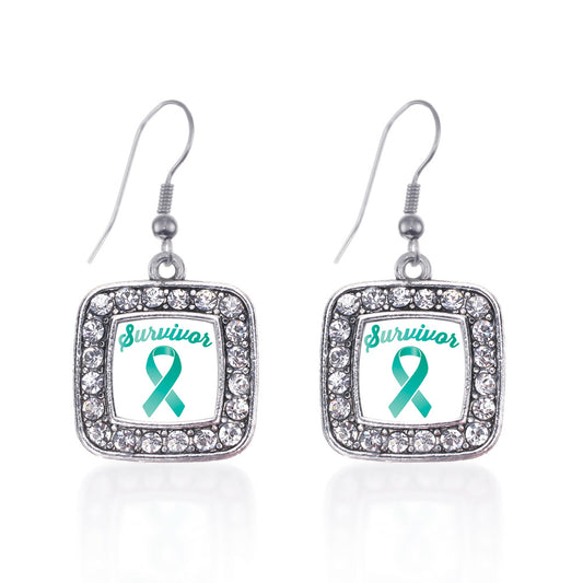 Silver Teal Ribbon Survivor Square Charm Dangle Earrings