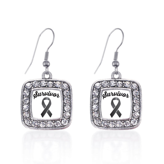 Silver Black Ribbon Survivor Square Charm Dangle Earrings