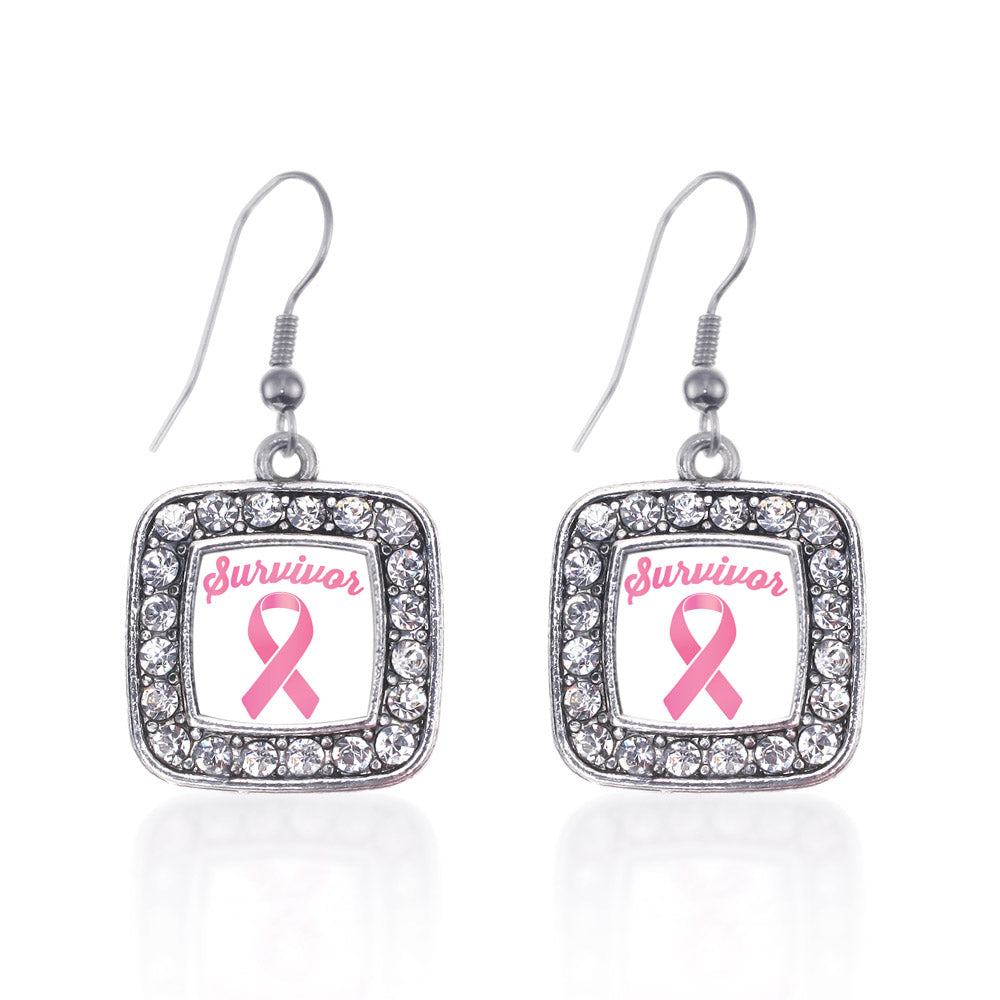 Silver Pink Ribbon Survivor Square Charm Dangle Earrings
