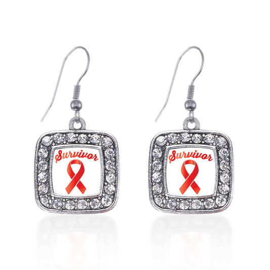 Silver Red Ribbon Survivor Square Charm Dangle Earrings
