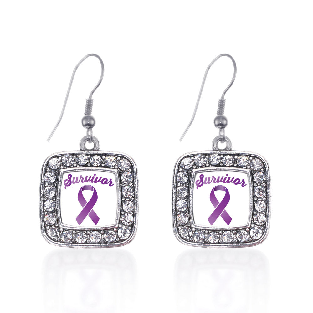 Silver Purple Ribbon Survivor Square Charm Dangle Earrings