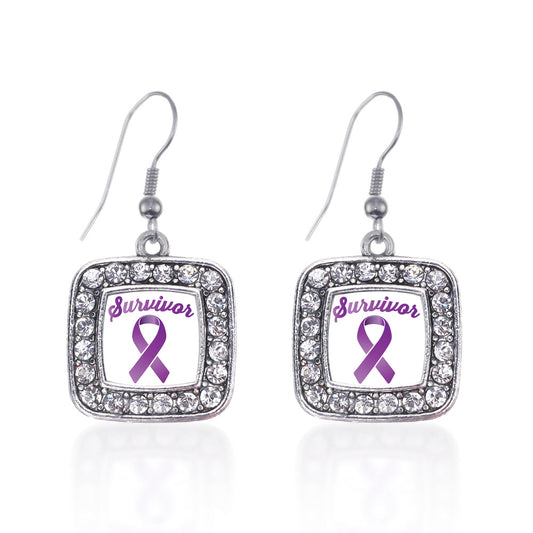 Silver Purple Ribbon Survivor Square Charm Dangle Earrings