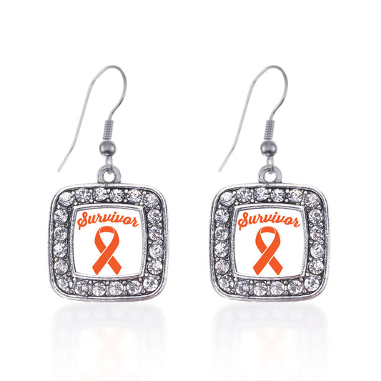 Silver Orange Ribbon Survivor Square Charm Dangle Earrings