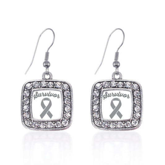 Silver Gray Ribbon Survivor Square Charm Dangle Earrings