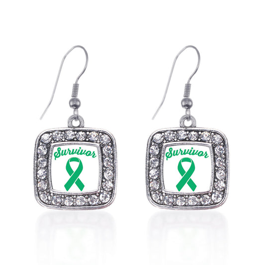Silver Green Ribbon Survivor Square Charm Dangle Earrings