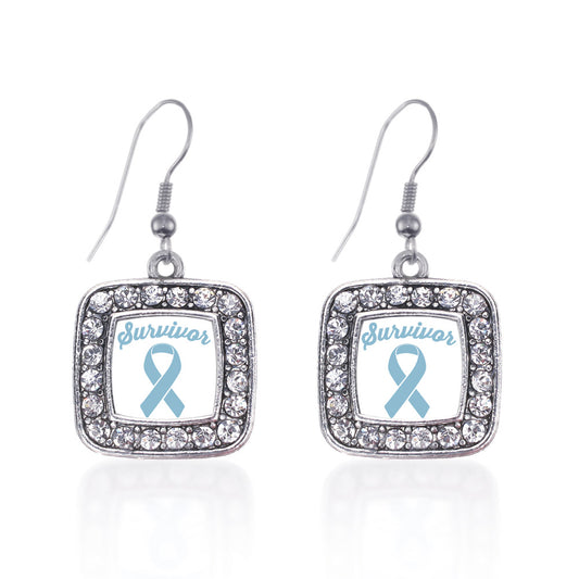 Silver Light Blue Ribbon Survivor Square Charm Dangle Earrings