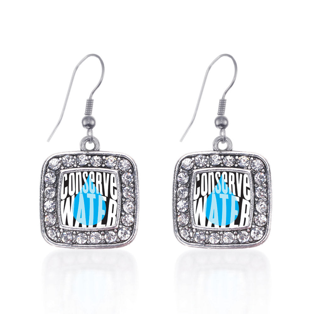 Silver Conserve Water Square Charm Dangle Earrings