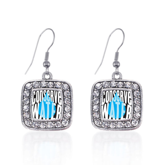 Silver Conserve Water Square Charm Dangle Earrings