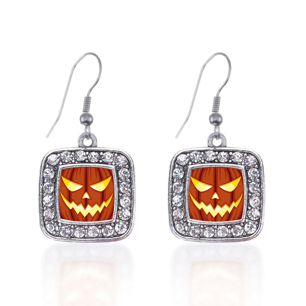Silver Grinning Pumpkin Square Charm Dangle Earrings