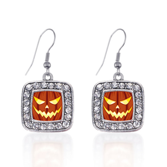 Silver Grinning Pumpkin Square Charm Dangle Earrings