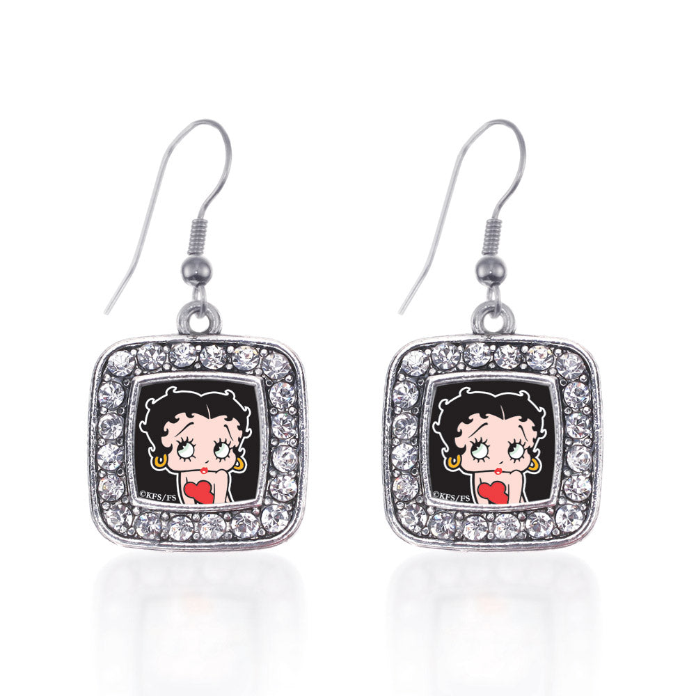 Silver Betty Boop Square Charm Dangle Earrings