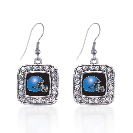 Silver Black and Blue Team Helmet Square Charm Dangle Earrings