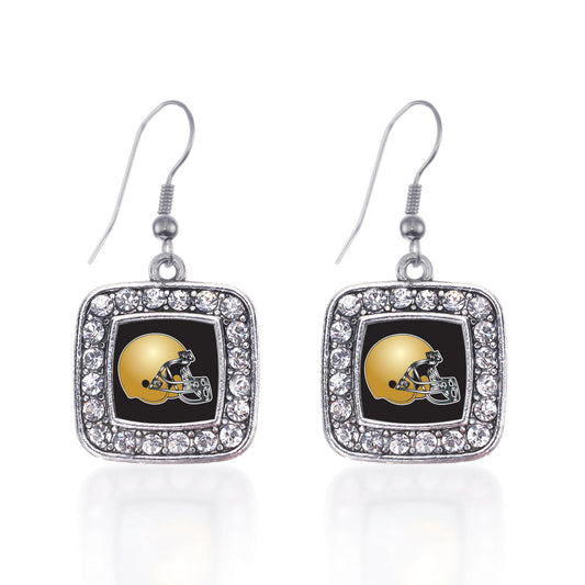 Silver Black and Gold Team Helmet Square Charm Dangle Earrings