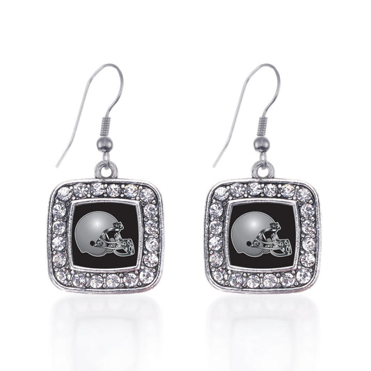 Silver Black and Grey Team Helmet Square Charm Dangle Earrings