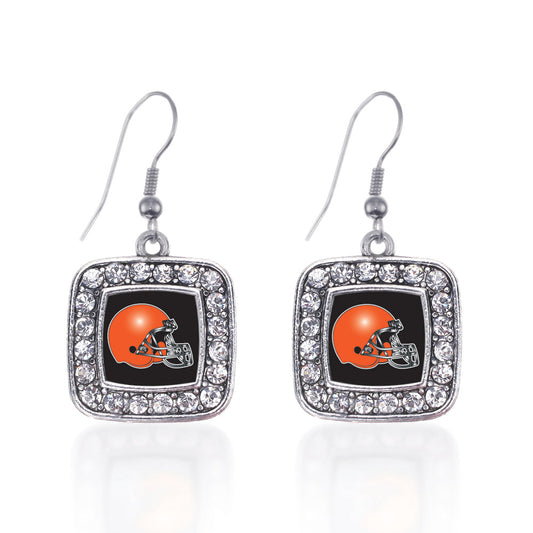 Silver Black and Orange Team Helmet Square Charm Dangle Earrings