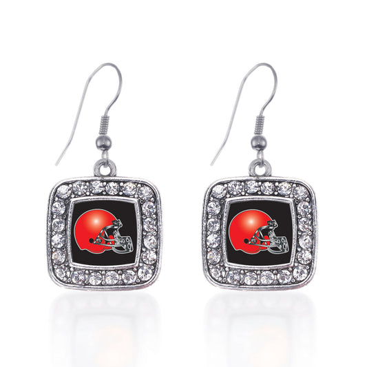Silver Black and Red Team Helmet Square Charm Dangle Earrings