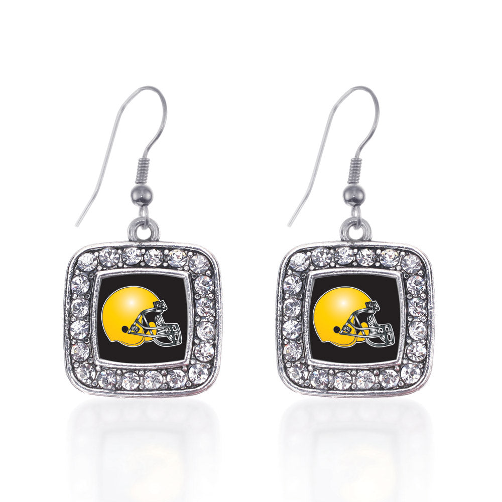 Silver Black and Yellow Team Helmet Square Charm Dangle Earrings
