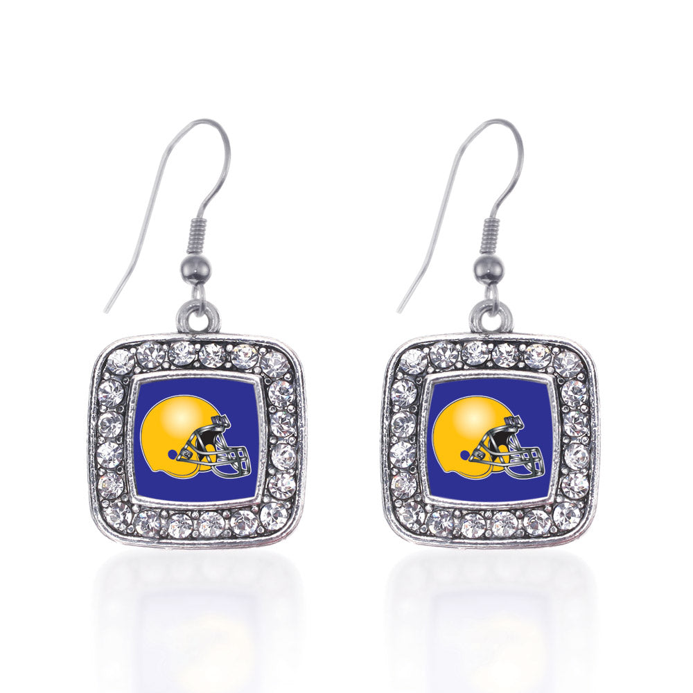 Silver Blue and Yellow Team Helmet Square Charm Dangle Earrings