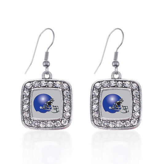 Silver Grey and Blue Team Helmet Square Charm Dangle Earrings