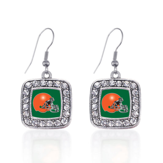Silver Green and Orange Team Helmet Square Charm Dangle Earrings