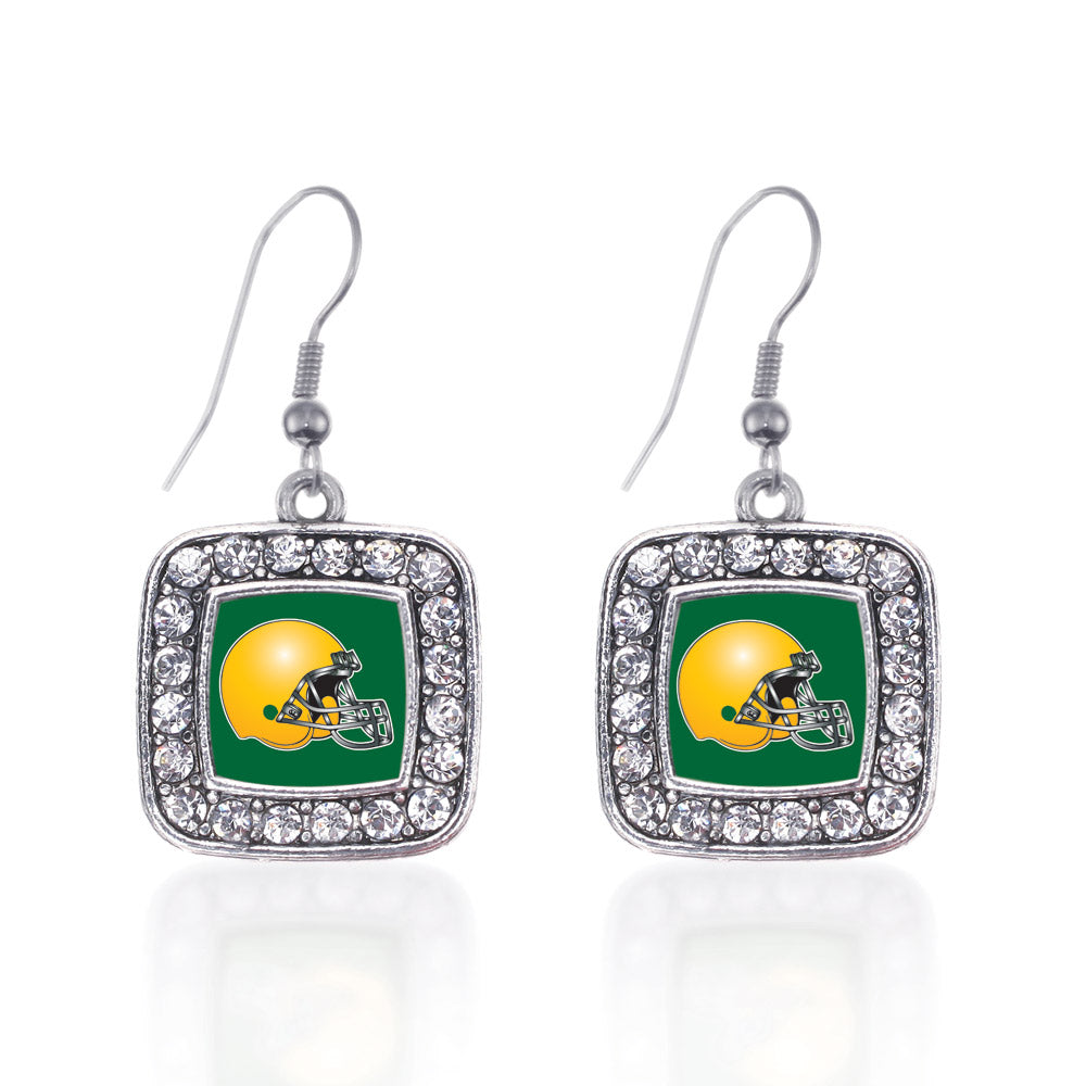 Silver Green and Yellow Team Helmet Square Charm Dangle Earrings