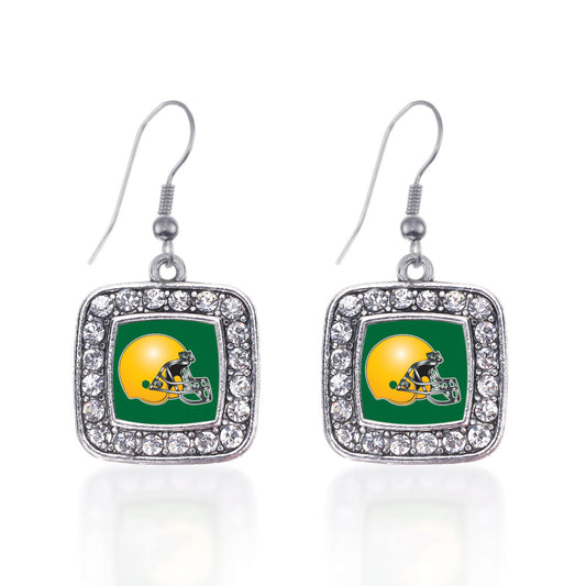 Silver Green and Yellow Team Helmet Square Charm Dangle Earrings