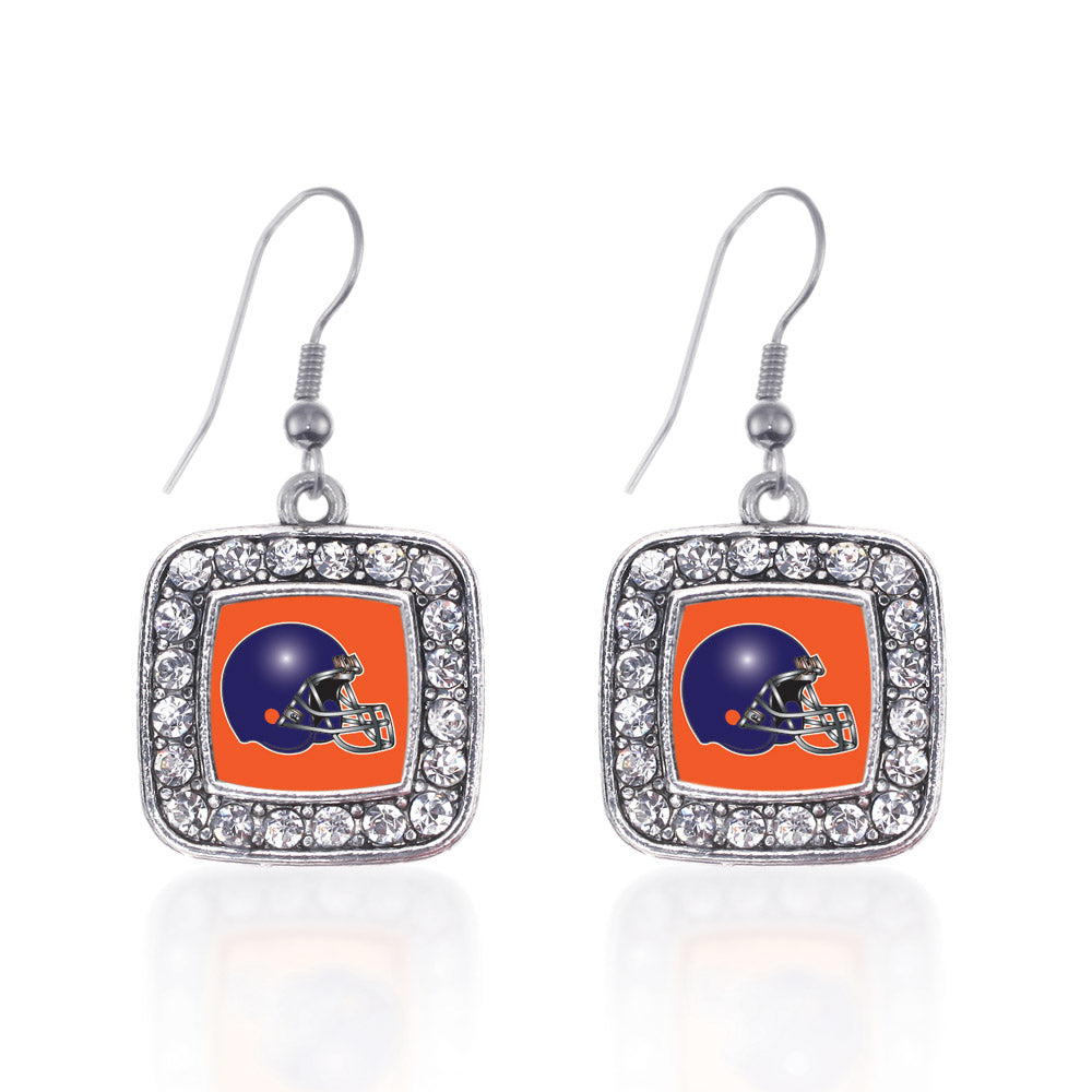 Silver Orange and Blue Team Helmet Square Charm Dangle Earrings