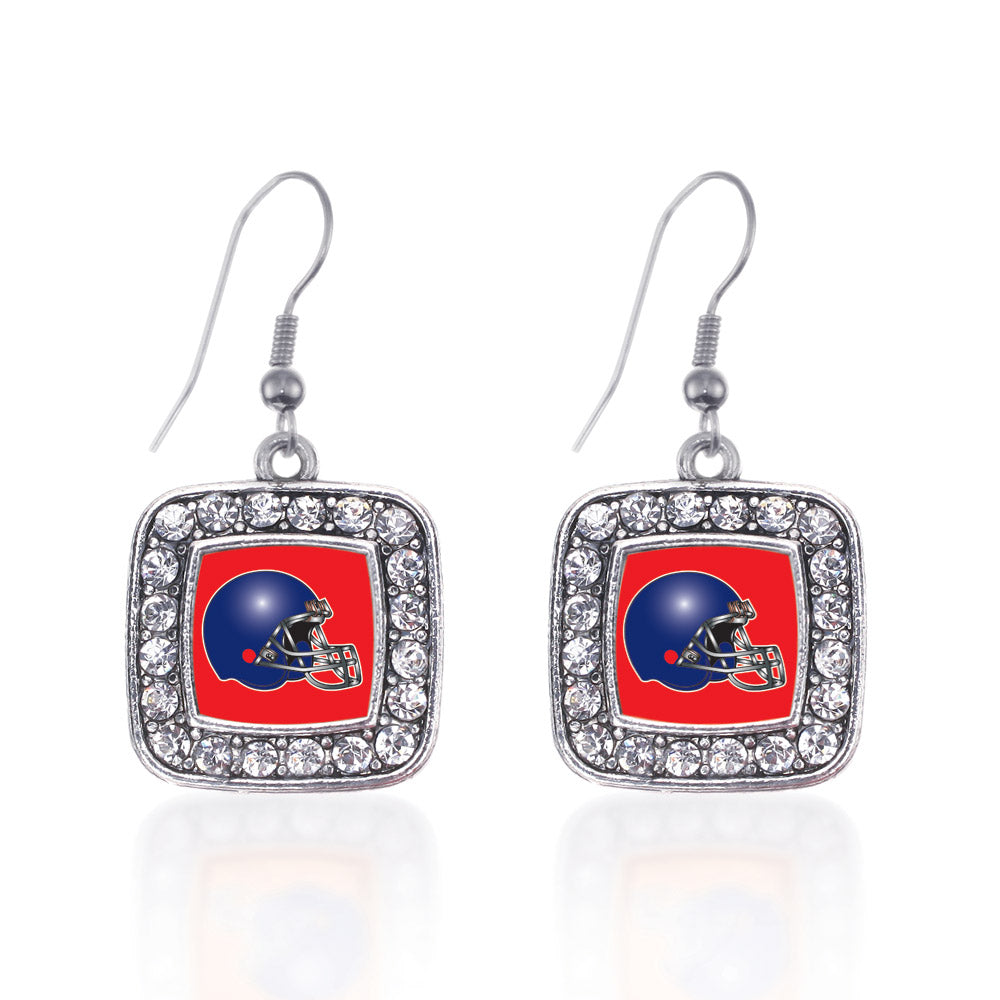 Silver Red and Blue Team Helmet Square Charm Dangle Earrings