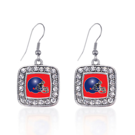 Silver Red and Blue Team Helmet Square Charm Dangle Earrings
