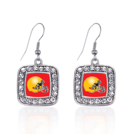Silver Red and Yellow Team Helmet Square Charm Dangle Earrings