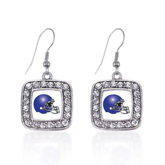 Silver White and Blue Team Helmet Square Charm Dangle Earrings