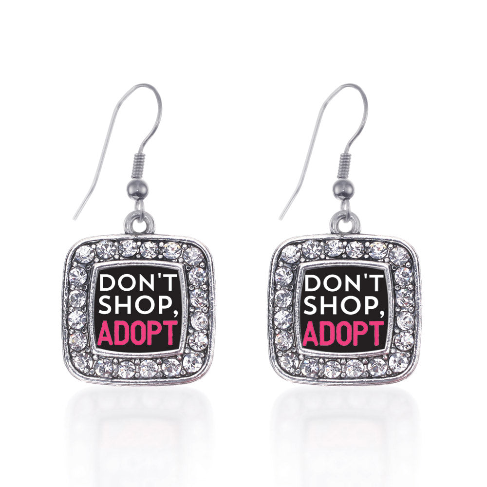 Silver Don't Shop, Adopt Square Charm Dangle Earrings
